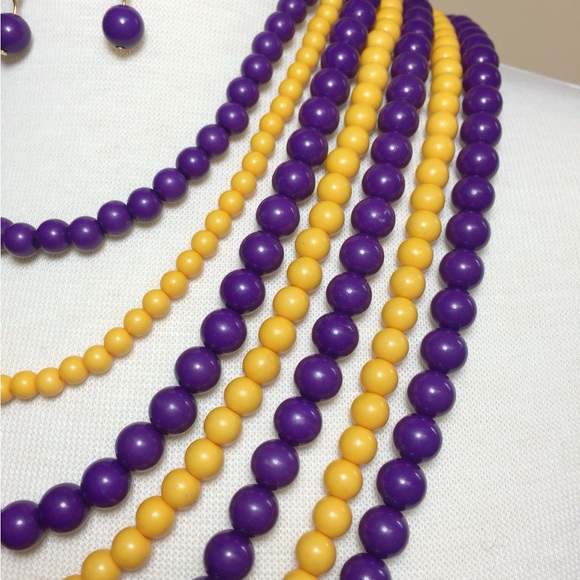 Purple & Yellow 7 Row Layered Bead Statement Necklace Earrings Set - Picture 3 of 3